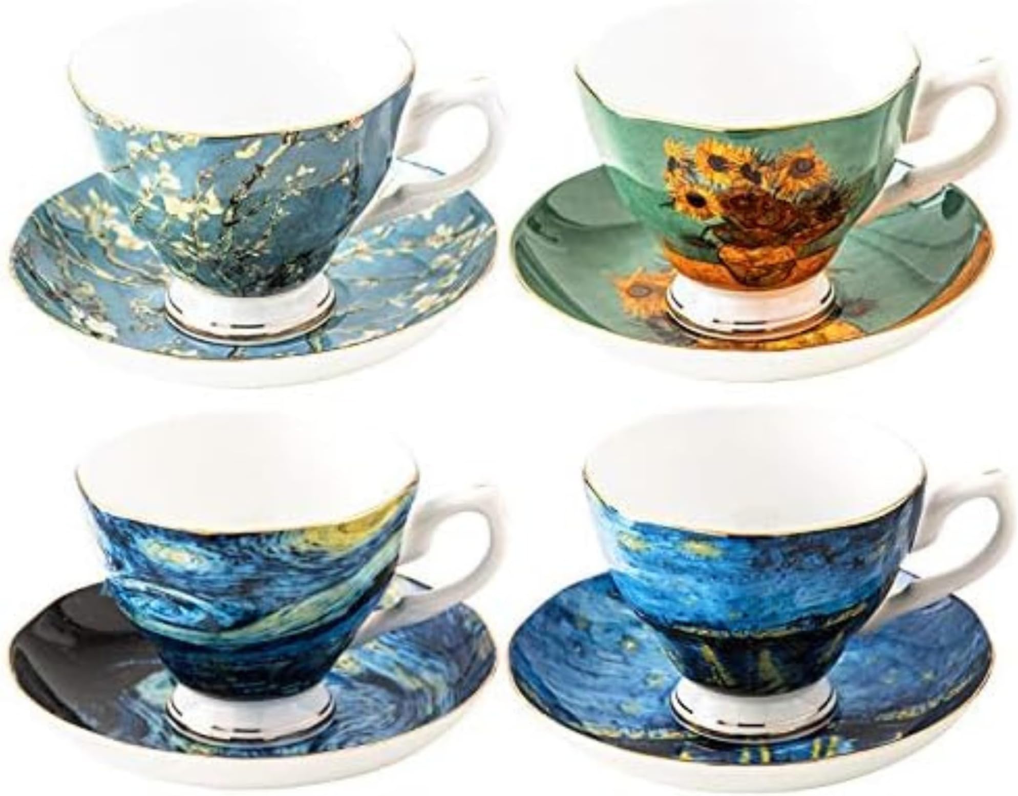 Van Gogh Tea Set, 4 Bone China Mugs, 8oz, Gold-Lined Handles, Elegant Mug Set, Perfect for Gifting, Great for Tea Lovers, Stylish Design, For Home, Office, Special Occasions, Vincet Van Gogh Gifts