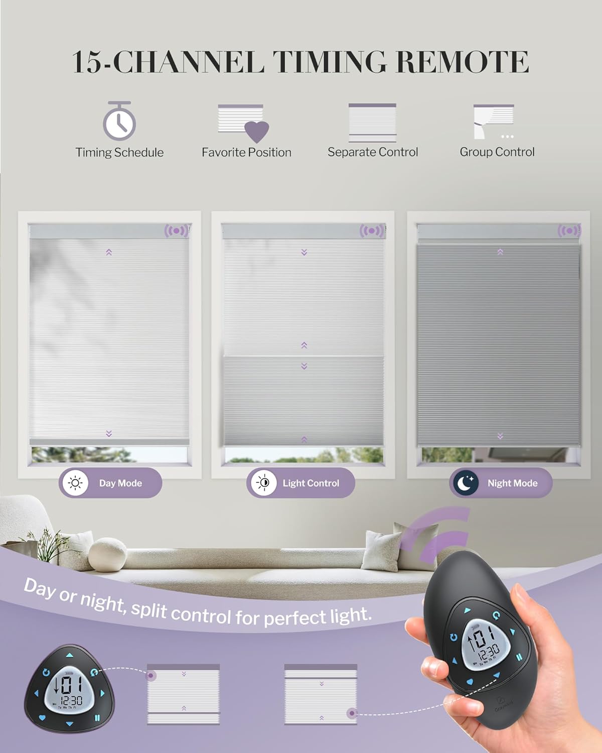 Graywind Smart Day Night Cellular Shades Compatible with Alexa Google 5/8" Single Cell Rechargeable Custom Motorized Honeycomb Blinds, White