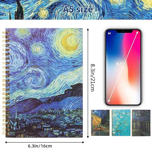 Miniatura 4 de Paquete de 4 cuadernos y diarios en espiral A5, 6.3 x 8.6 pulgadas, encuadernación de doble alambre, 160 páginas, pinturas de fama mundial, para