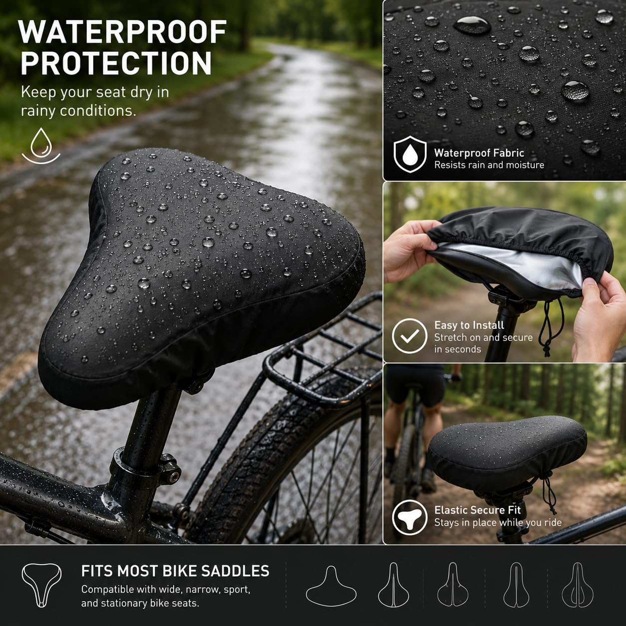 2 Pezzi Coprisella Impermeabile Bici 210D Oxford, Coprisedile Antipioggia Universale 24x27x10 cm con Coulisse, Protezione Sella MTB Strada Antipolvere Nero