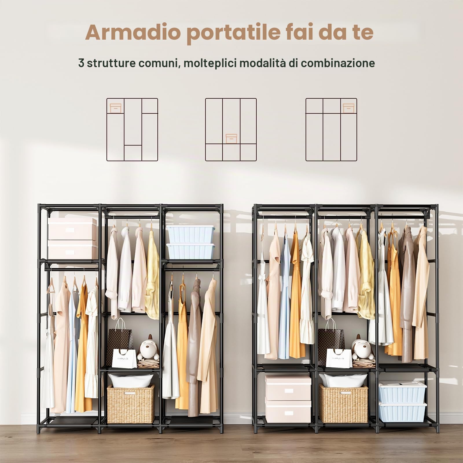Vicye Armadio in Tessuto, Guardaroba Grande da 3 Barra Appendiabiti, 3 Ripiani e 8 Tasche Laterali, Armadio Camera da Letto con Copertura, Armadio Pieghevole per Spogliatoio 125 x 42,5 x 160 cm Nero
