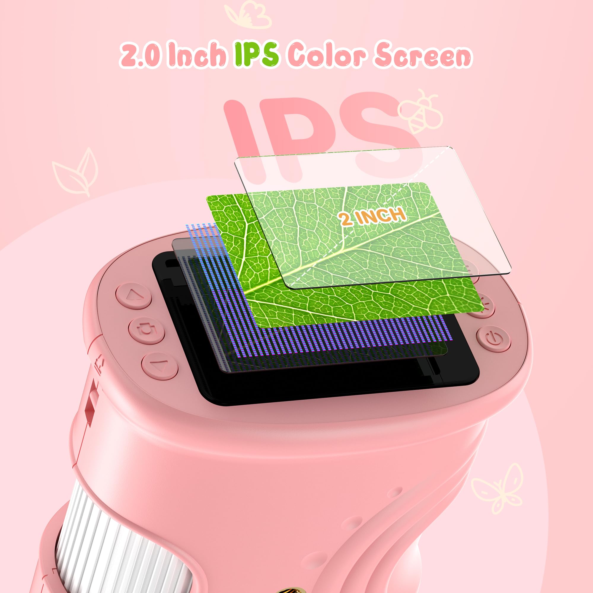 1000X Portatil Digital Microscopio Niños: Magnifying Glass para 2.0" IPS Pantalla - Regalo Original 3-8 8-12 Años Niña Infantil - Lupas Gran Aumento con Luz Rosa