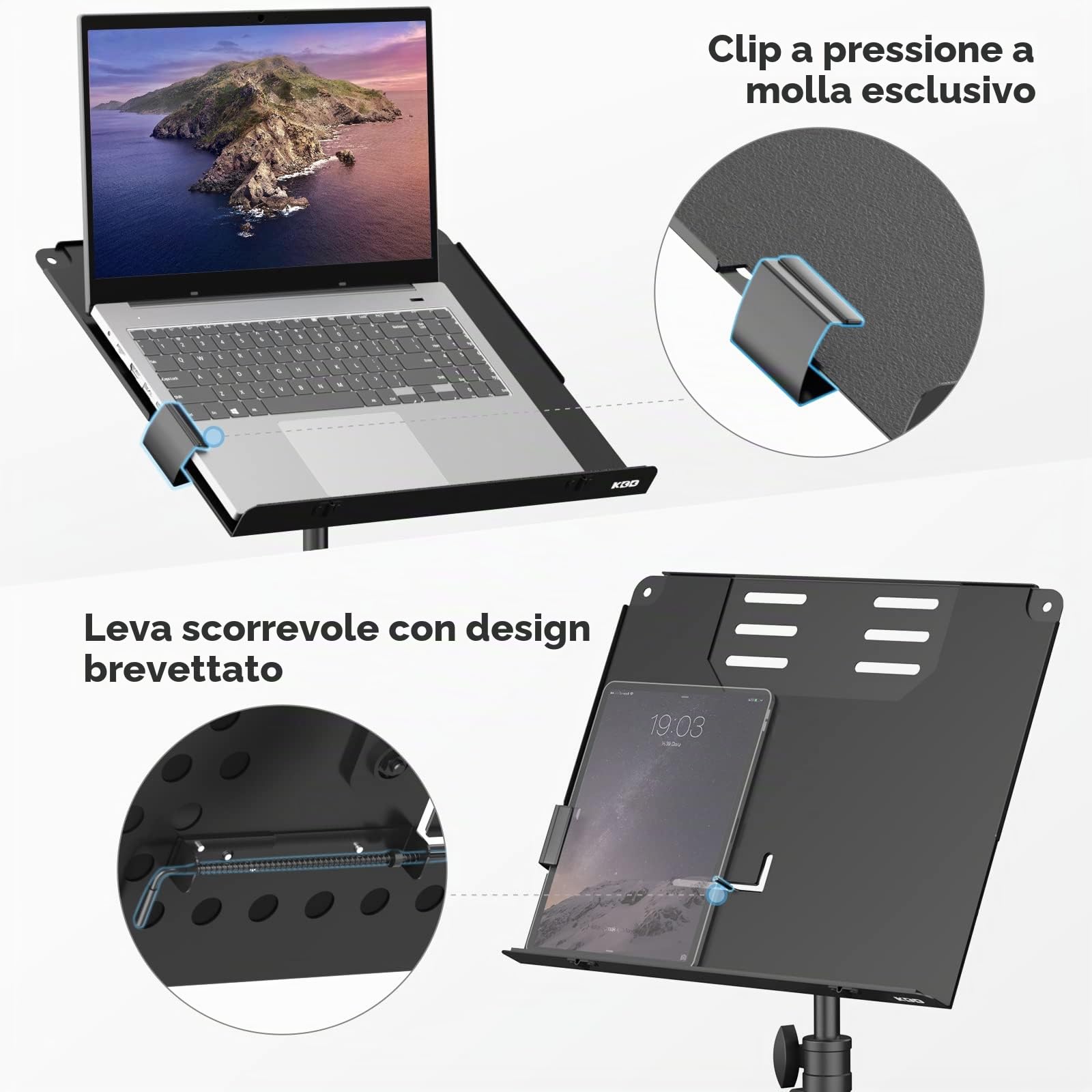 KDD Supporto Treppiede per Proiettore - 4 in 1 Leggio musicale con Braccio a Molla Supporto da Pavimento Pieghevole per Laptop con Leva Scorrevole - Altezza Regolabile da 23" a 63" e Rotazione di 180°