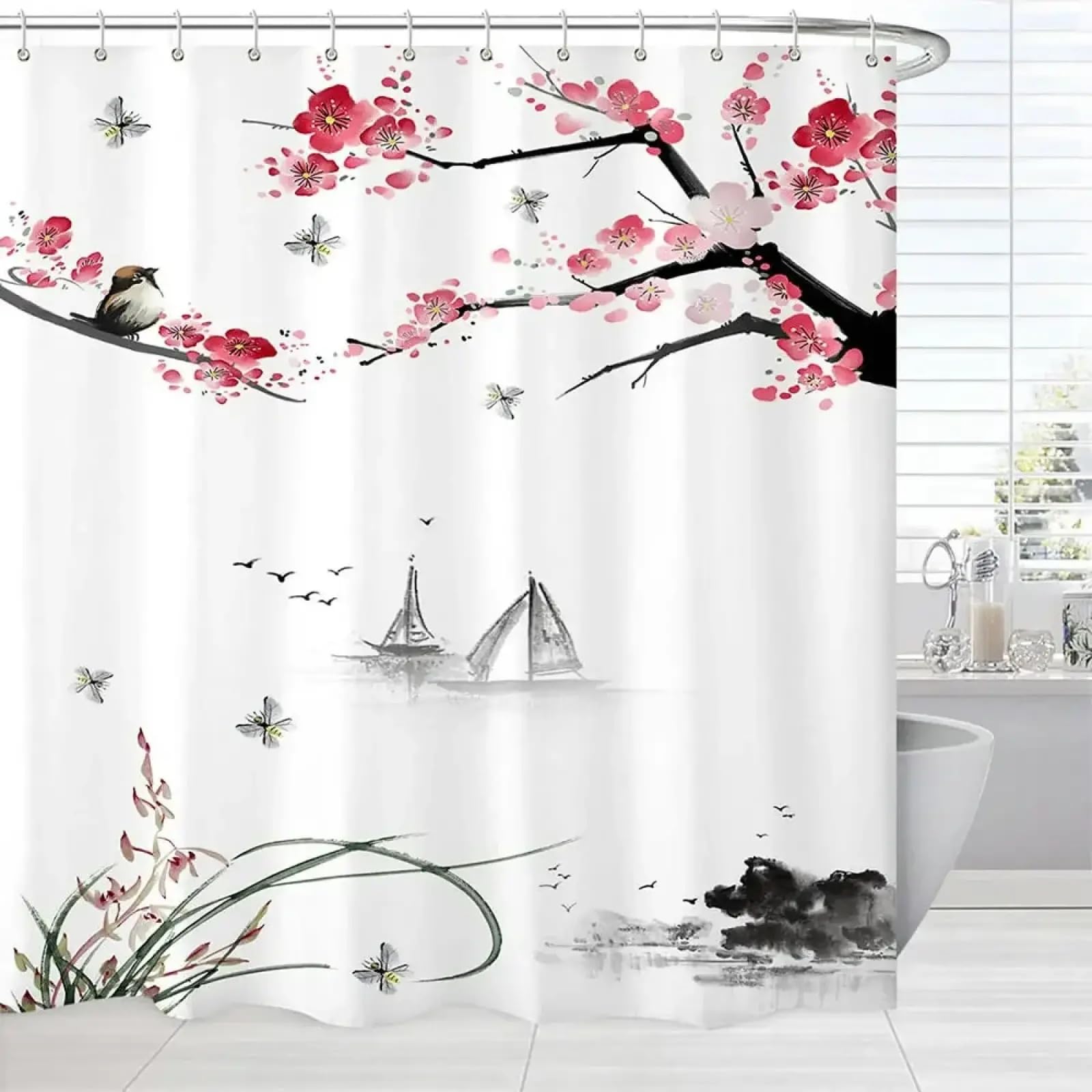 Rideau de douche cerisier en fleurs zen 135x187 cm pour déco salle de bain nature