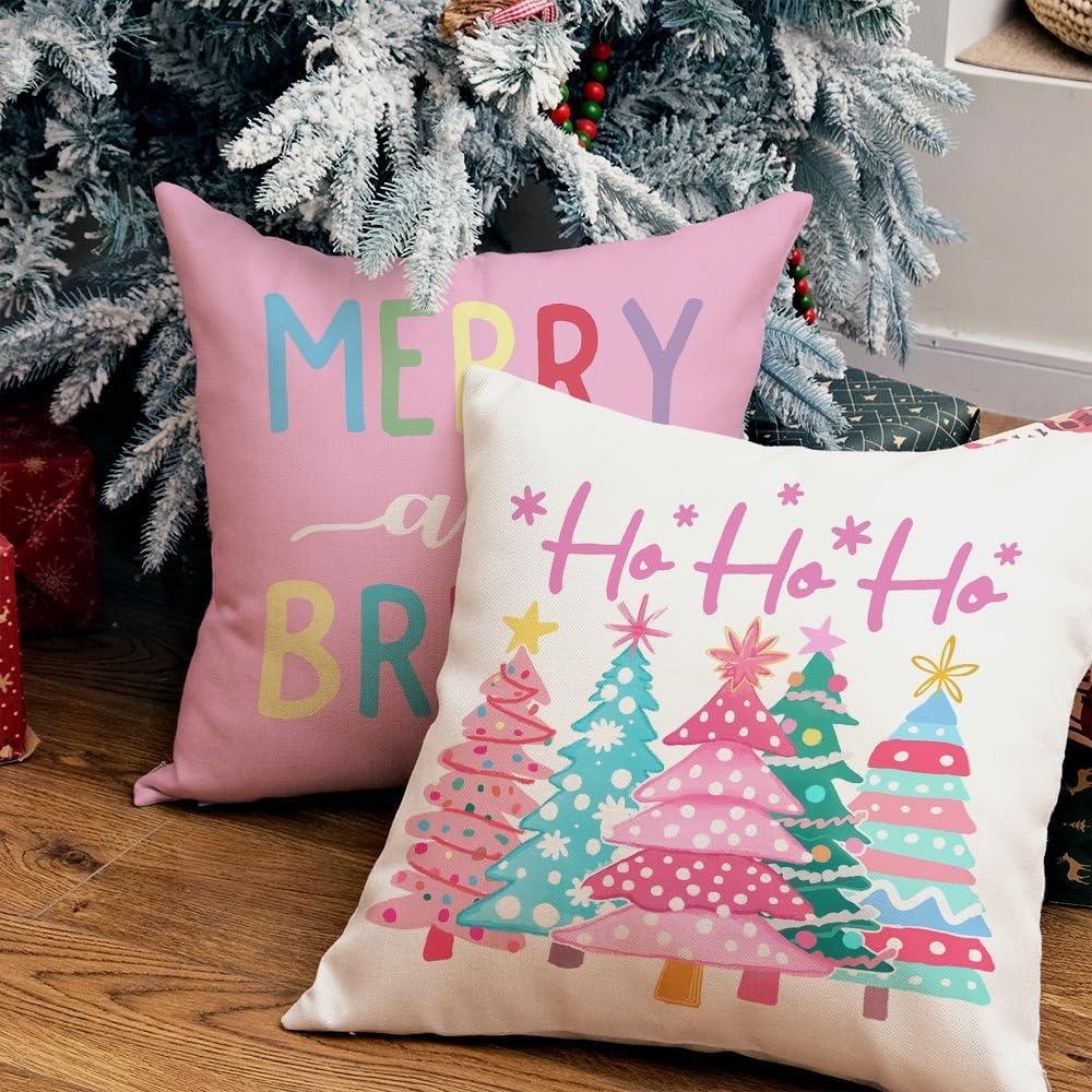 GEEORY Christmas Throw Pillow Covers 18 x 18 Inch Set of 4, Xmas Trees Truck Merry and Bright Pink Striped Holiday Farmhouse Decorative Cushion Cases for Home Decoration G581-18 - Image 5