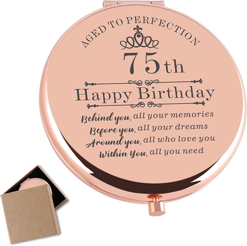 Espelho compacto redondo Cawnefil Rose Gold 75th em aço inoxidável, dupla face com ampliação 2×, 1 unidade
