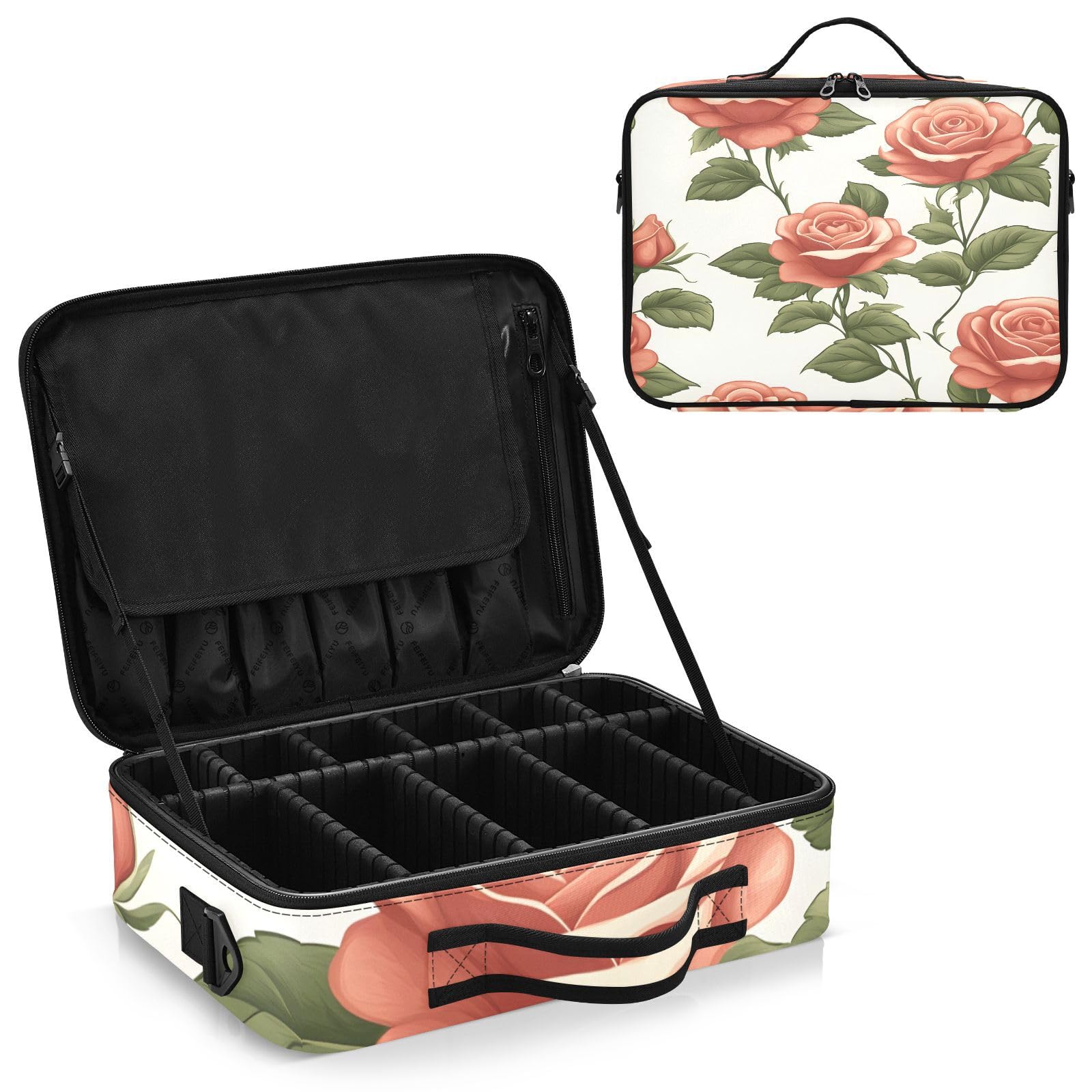 zyrtty Travel Makeup Train Case Red Flower Coral Green Leaves Cosmetic Organizer Portable Storage Bag with Adjustable Dividers for Cosmetics Brushes Toiletry Jewelry Digital Accessories