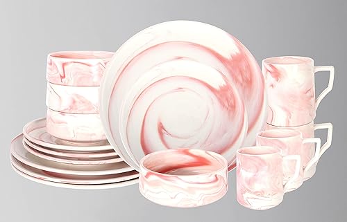 Fine China - Juego de vajilla artesanal de mármol (juego de 16 piezas, rosa)