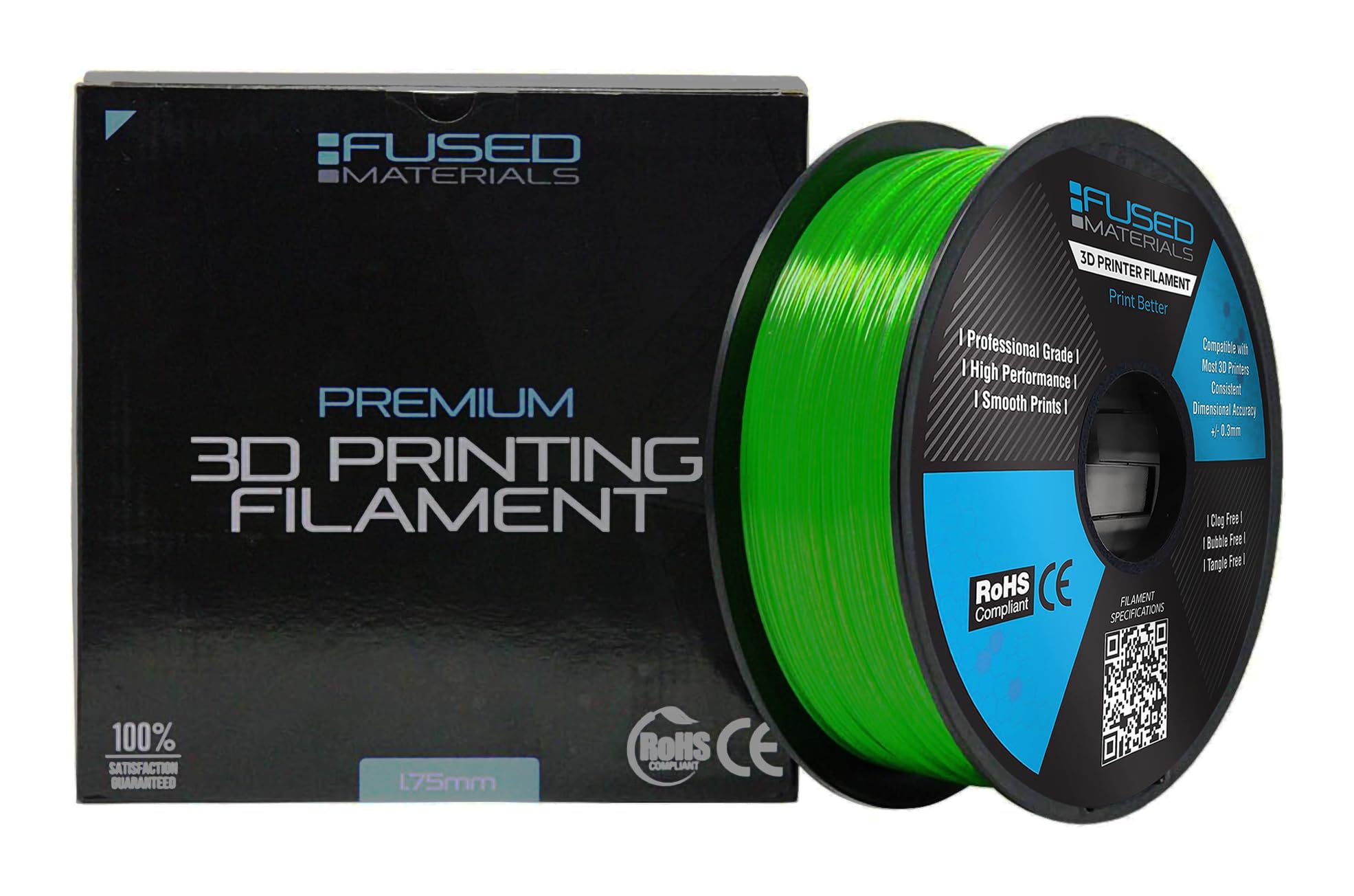 Fused Materials Przezroczysty zielony filament do drukarki 3D PETG, szpula 1 kg, 1,75 mm, dokładność wymiarowa +/- 0,03 mm, (Trans Green)