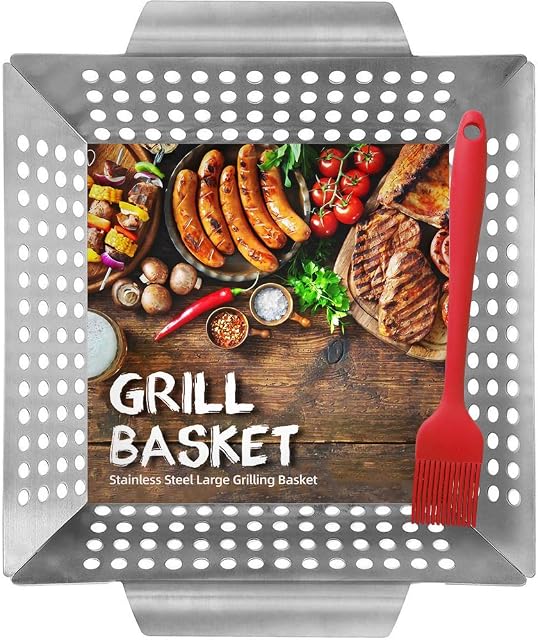 HomeMall Grill Basket for Meat & Vegetables - Large BBQ Grilling tray - Stainless Steel with High Sides - Bonus Basting Brush