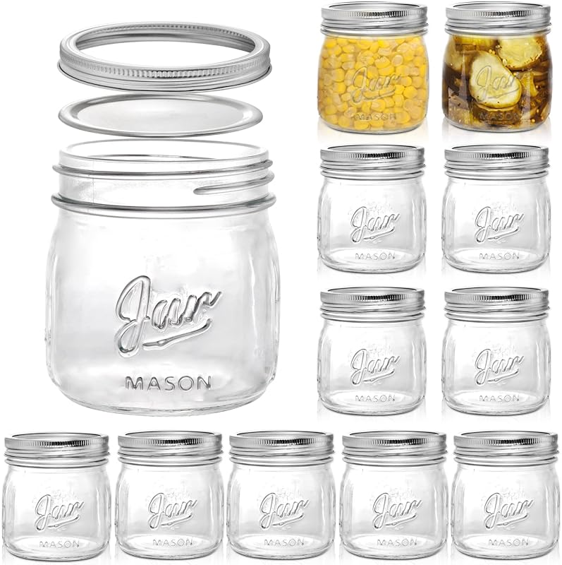 12 Pack Wide Mouth Mason Jars, 16 Oz Short Glass Canning Jar | Food Safe Jam Spice Jar with Airtight Lids for Honey, Jelly, Wedding Favors, DIY Project, Dishwasher Safe