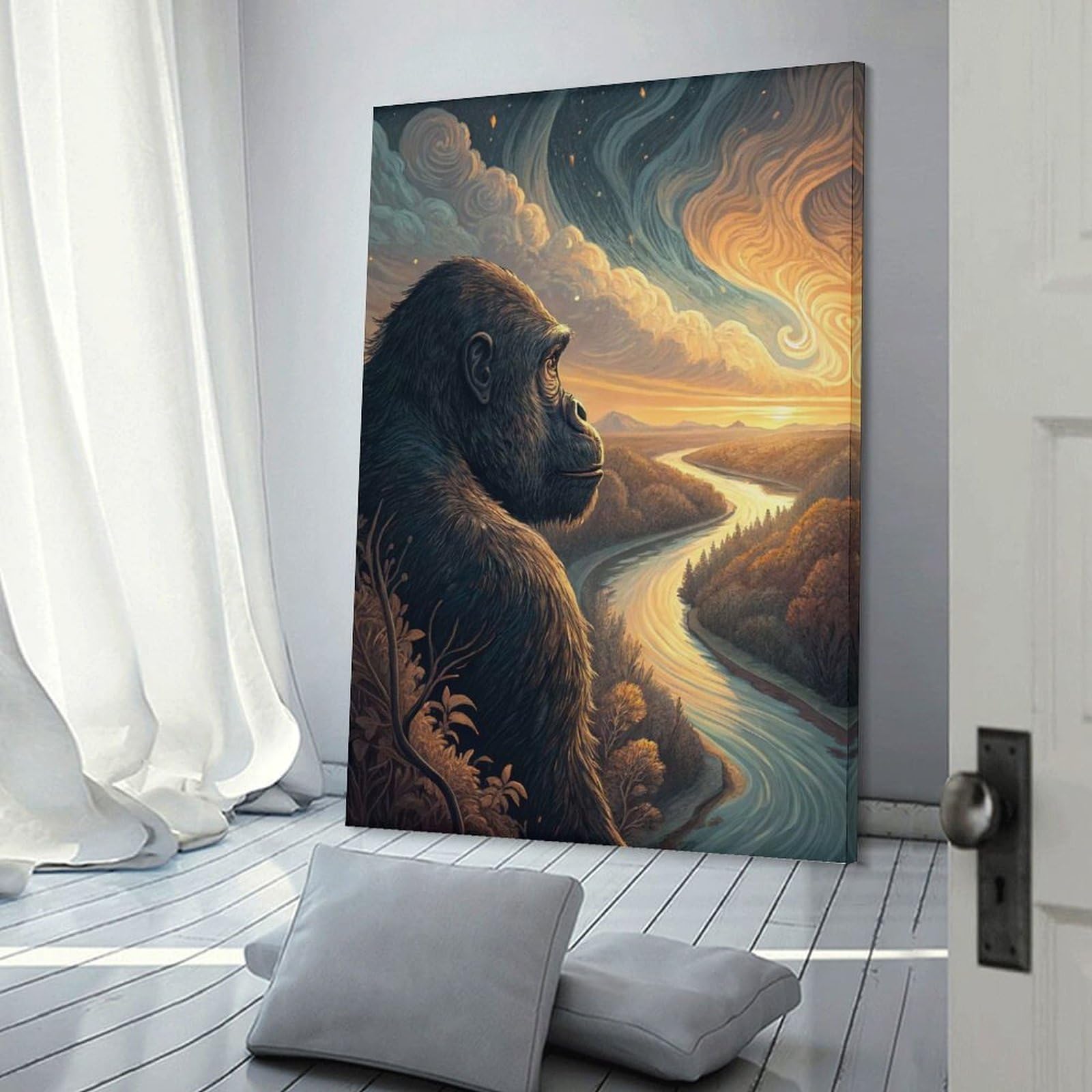 Junmoney Room Decor Wall Art Gorilla Overlooking A River at Sunset, 24x36inch(60x90cm), for Hallway, Bedroom Or Modern Interiors, Gift Idea for Housewarming And Birthdays