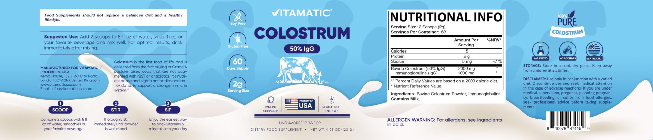 Vitamatic Bovine Colostrum Powder - 50% Highest IgG -120 Gram - Supplement for Gut Health, Hair Growth, Beauty, Muscle Recovery, & Immune Support - Easy to Mix - Unflavored - 60 Servings — Amazon image 9