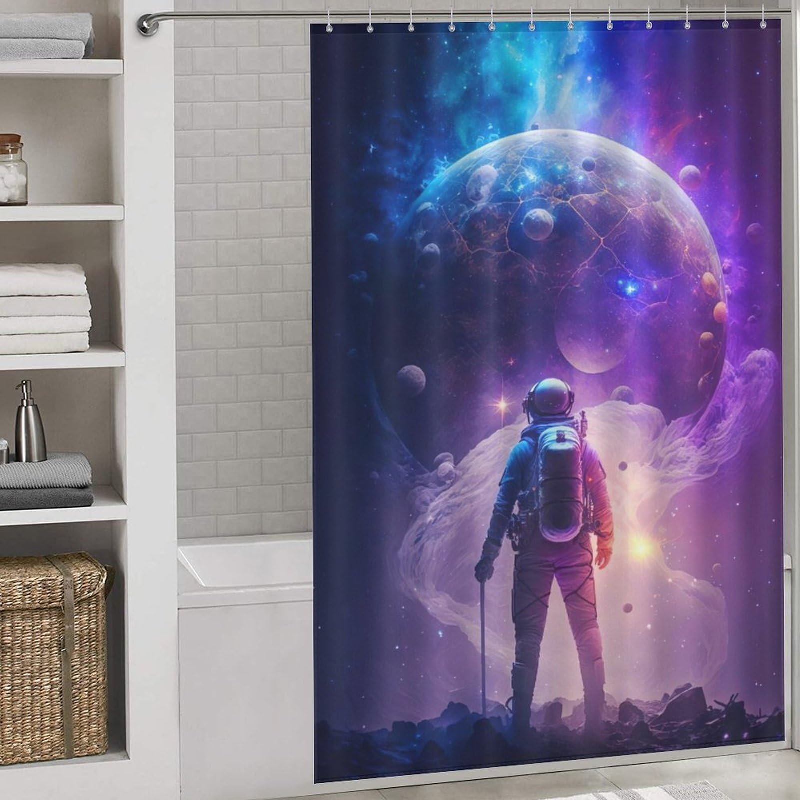 Rideau de douche astronaute en tissu imperméable lavable 152x183cm pour baignoire chic