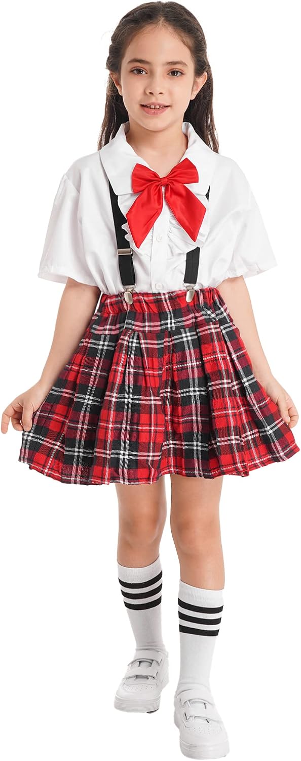 Agoky Kids Girls British Style School Uniform Set White Shirt Tops with Plaid Pleated Skirt Casual Preppy Style Outfit