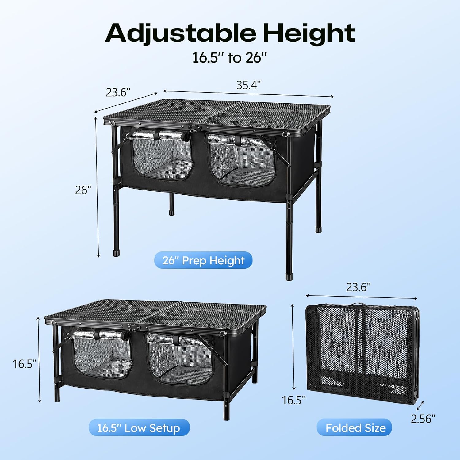Camping Table with Storage, Folding Camp Kitchen Table with Insulated Cooler Bag, 35.4" x 23.6" Height Adjustable Lightweight Aluminum Outdoor Table for BBQ, Picnic, RV, Tailgating