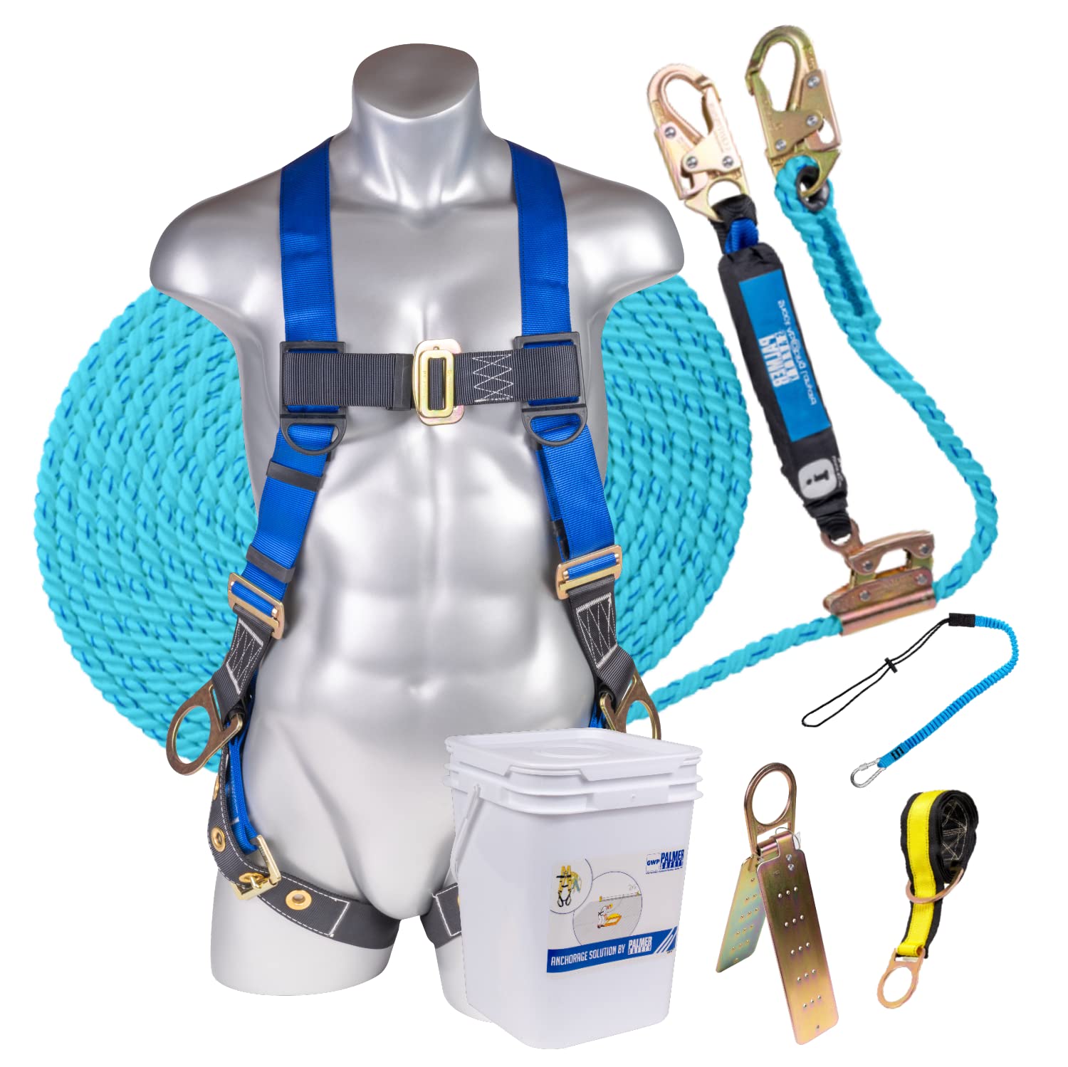 Fall Protection Roofing Bucket Kit I Full-Body Harness, 50' Vertical Rope, Anchor Roof & Strap I OSHA & ANSI Compliant Construction Fall Arrest Kit for Roofers & Construction Workers (Blue)