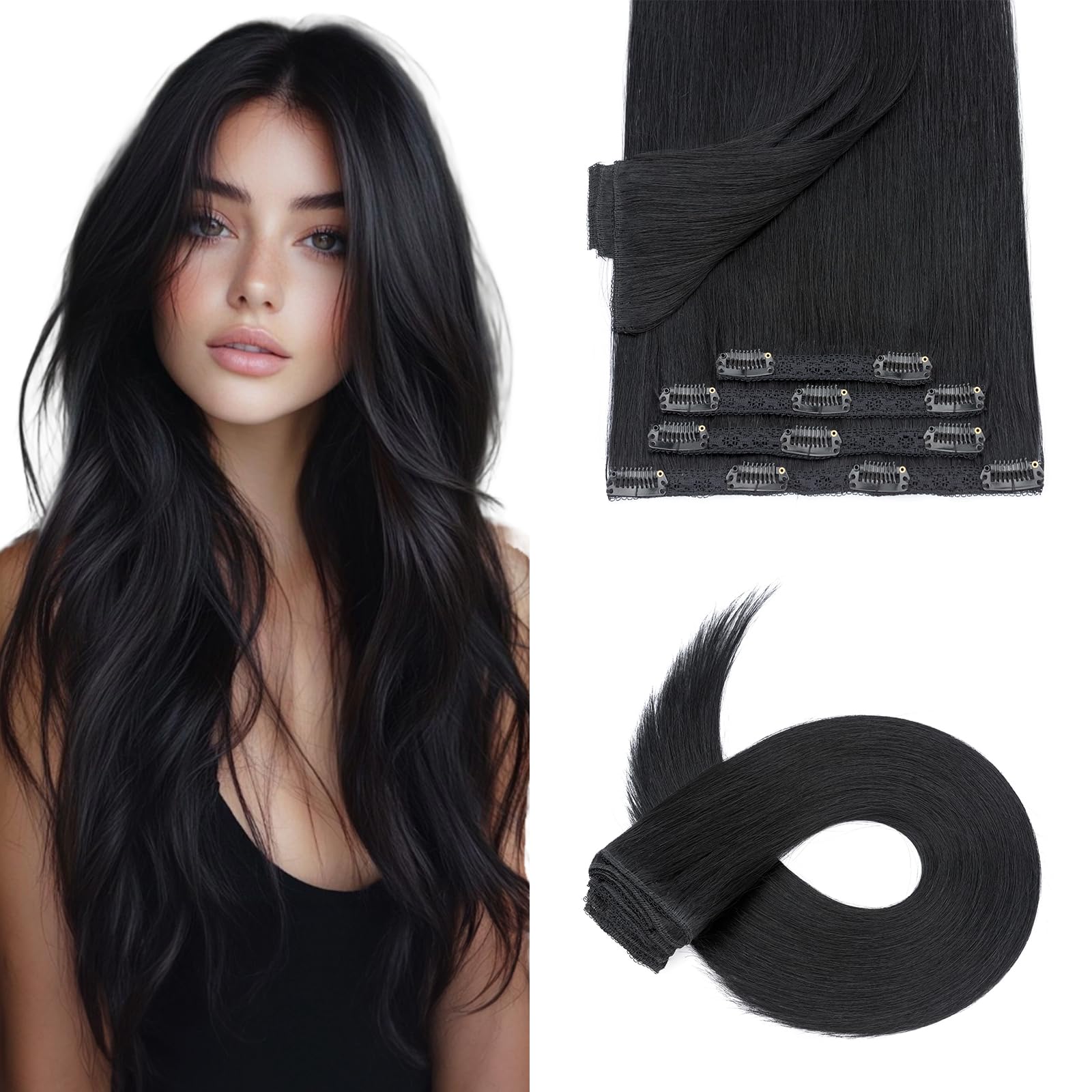 Silk-co Clip in Hair Extensions Real Human Hair Remy Double Weft With Lace Coverd Clip in Silky Straight Natural Thick Hair Seamless 7pcs 16Clips 100g Extension for Women 14Inch #01 Jet Black
