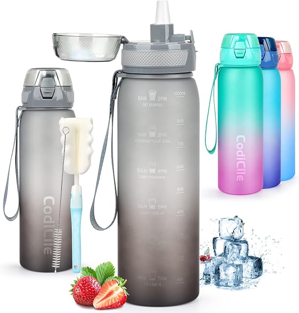 CodiCile Water Bottle,Water Bottle 1L,Water Bottle with Straw,Non-Toxic BPA Free Leak-proof Dishwasher Safe Drink Bottle for Gym, School and Office (Dense Fog)