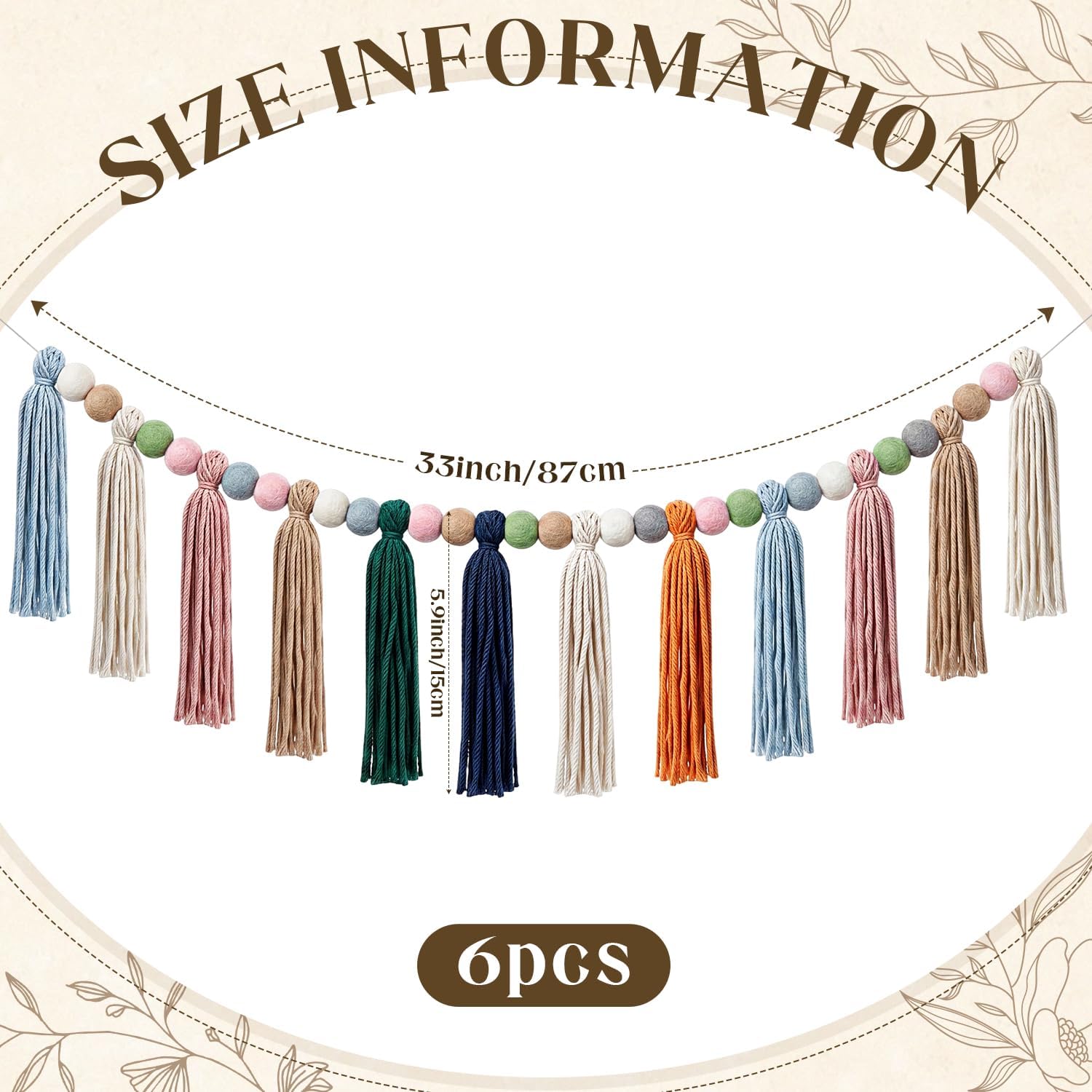 6 Pcs Boho Tassel Garland 33 Inch Rainbow Pom Garland Colorful Rustic Tassel Decor with Beads for Classroom Baby Shower Party Wall Decor Hanging Decoration