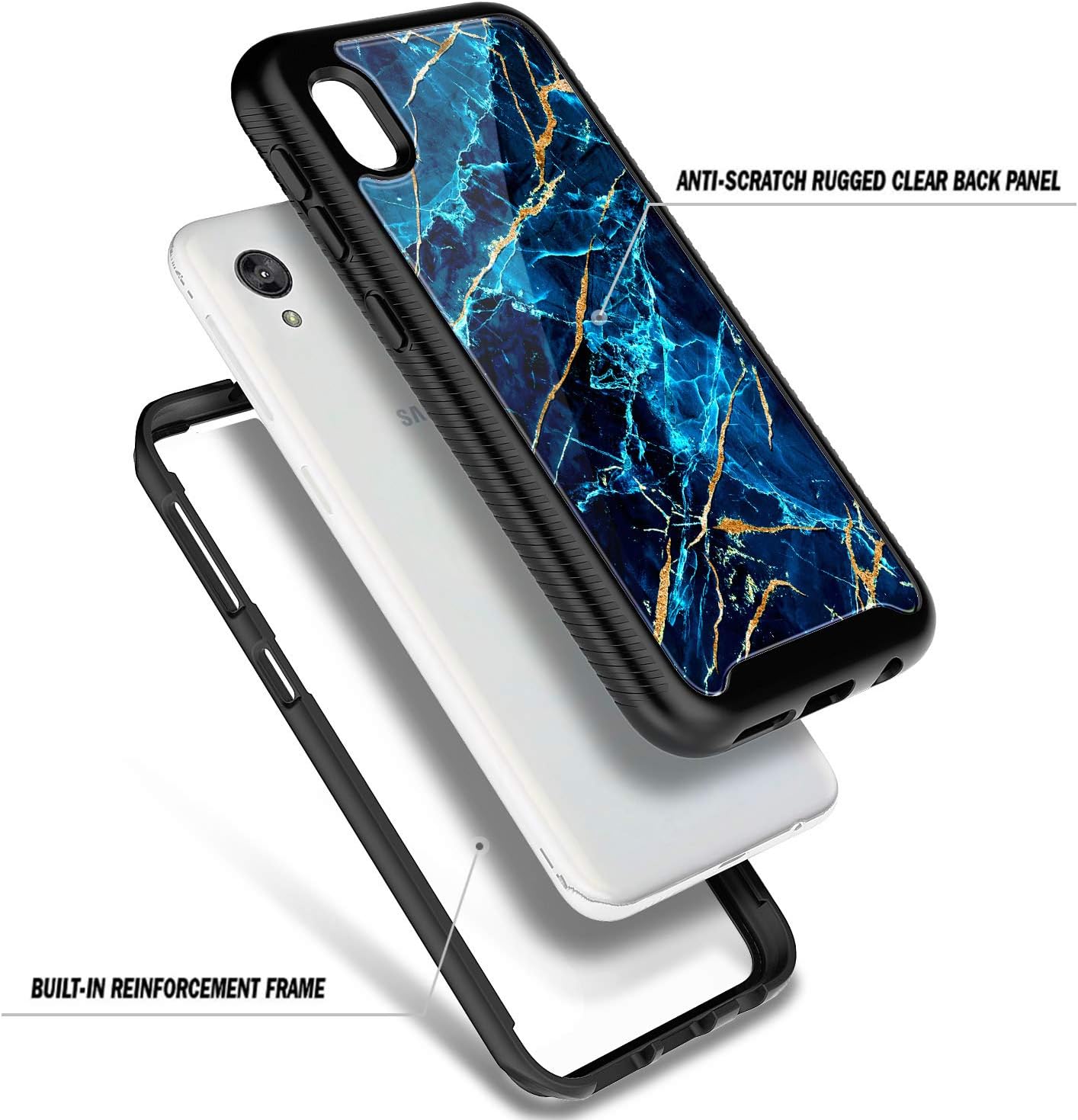 NZND Case for Motorola Moto E6 with Built-in Screen Protector, Full-Body Protection Bumper Shockproof Protective, Impact Resist Durable Phone Case Cover -Marble Design Sapphire
