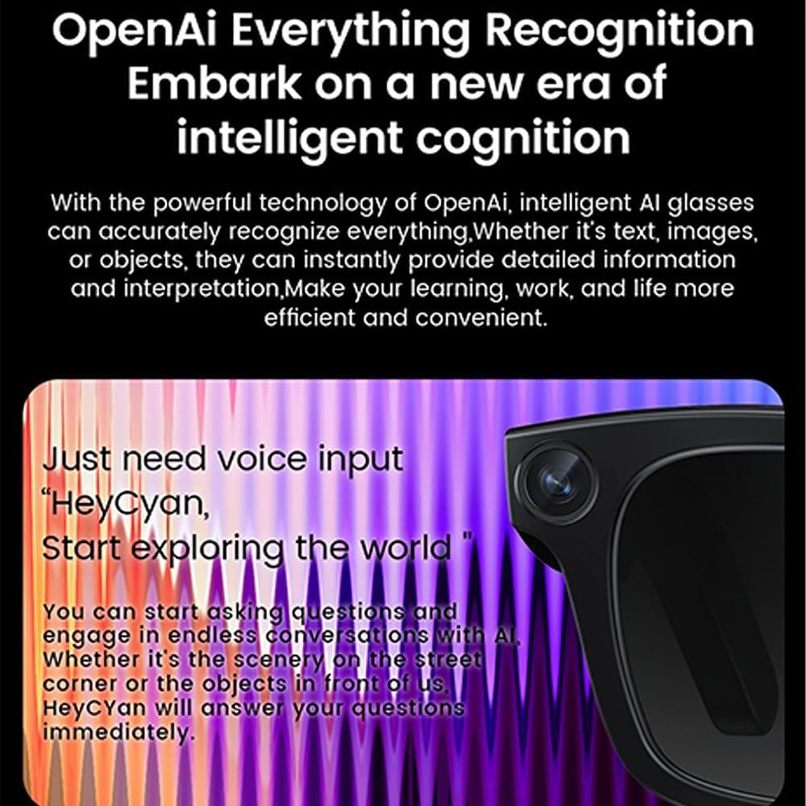 Occhiali Intelligenti Ai - con Fotocamera da 8 MP, Traduzione Ai in Tempo Reale (144 Lingue), Acquisizione Foto/Video WiFi, Microfono Integrato, Assistente Vocale, per Uomini E Donne A