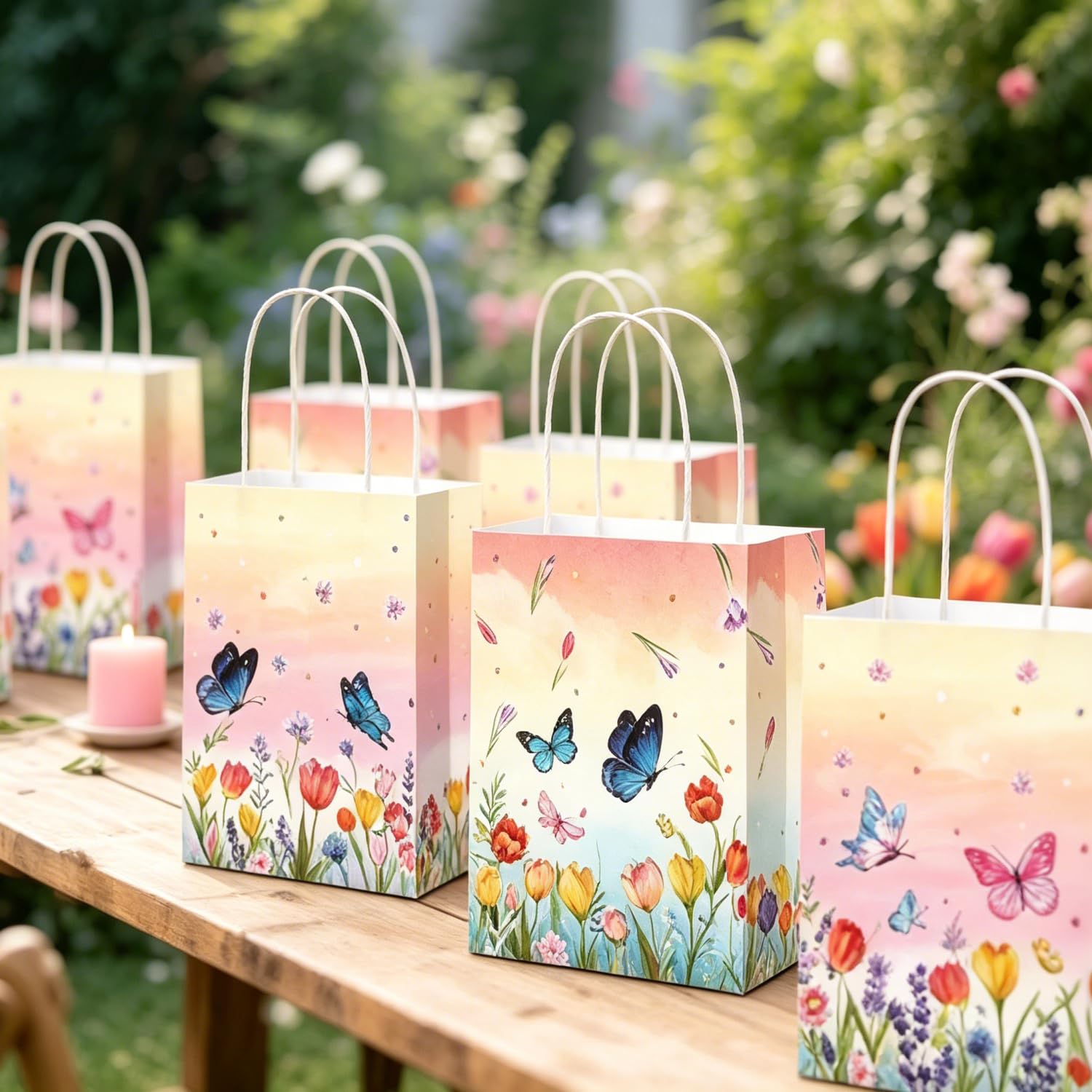 JeVenis 12 PCS Wildflower Butterfly Favor Bags with Handle Treat Candy Goodies Bags for Floral Flower Bridal Shower Baby Shower Birthday Wedding Party Supplies
