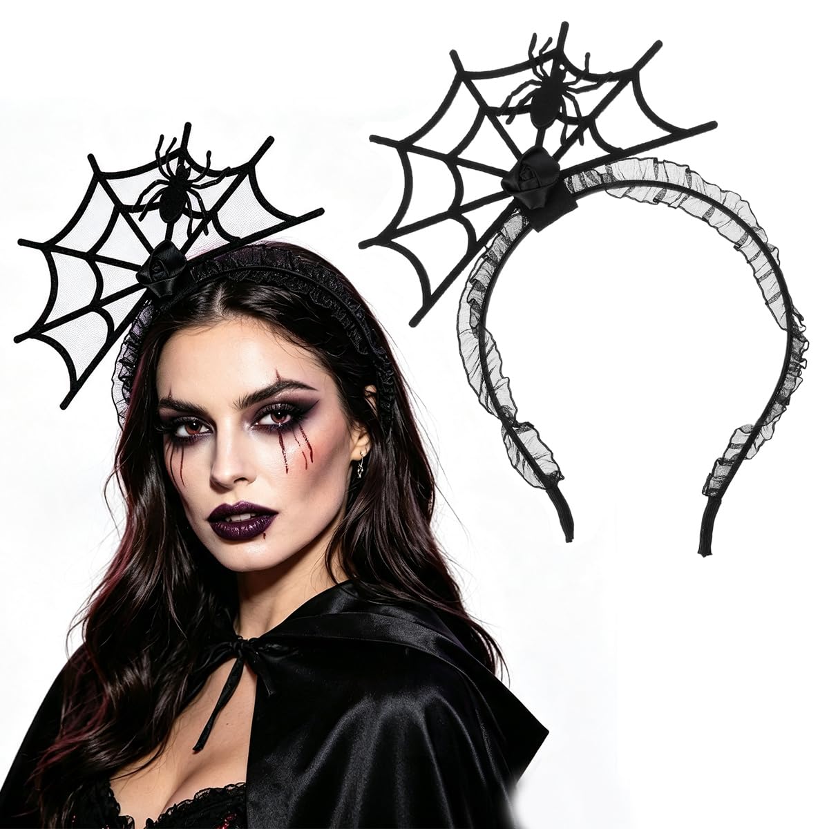 Halloween Spider Web Headband, Black Lace Hair Hoop with Spider and Black Rose Ornament, Gothic Witch Head Piece for Women Girls, Halloween Cosplay Masquerade Party Hair Accessories image 2