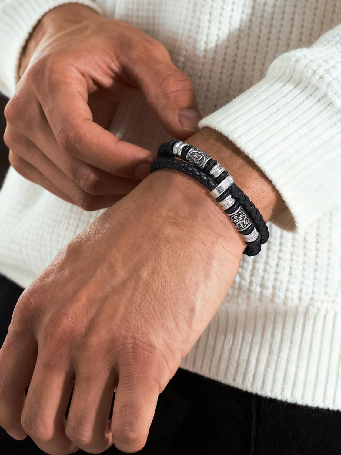 U7 Black Braided Leather Bracelets Gift for Men Leather Link Stainless Steel Celtic Knot Beads Cuff Bracelet with Love Card Birthday Christmas Gift for Dad Husband