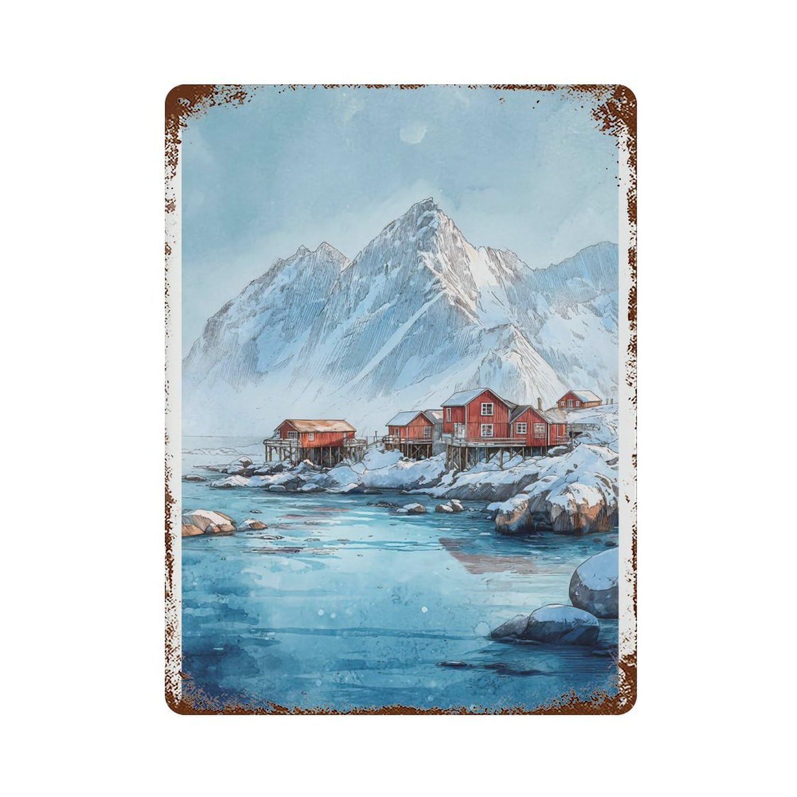 xiaoxiaoshen Lofoten Islands Norway Watercolor Winter Coastal Village Travel Wall Decor Art Metal Tin Poster Modern Home Decor Art Home Bar Shop Decorations Vintage Sign 40x30cm