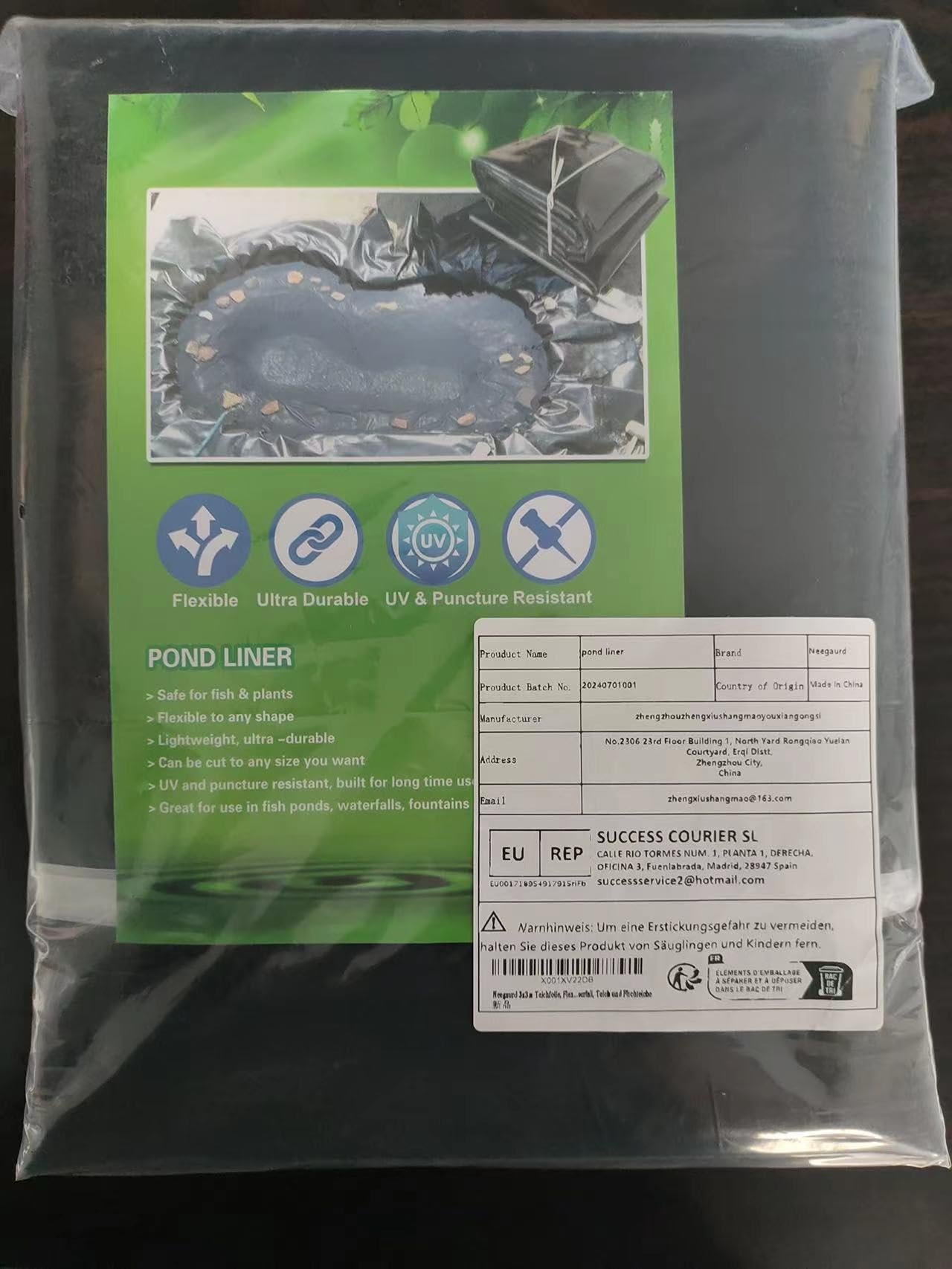 Rivestimento per laghetto flessibile, in HDPE rinforzato, nero, per laghetti all'aperto, in gomma pieghevole, per stagni a cascata, stagni e laghetti per pesci, 3 x 3 m