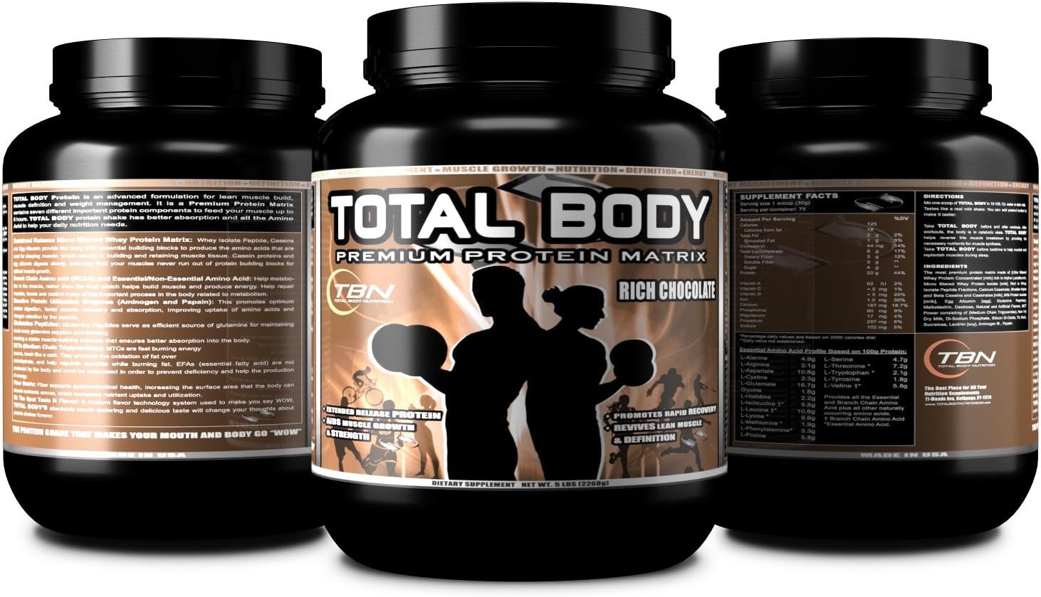 TBN Labs #1 TOTAL BODY PROTEIN is an advanced formulation for Lean Muscle Build, Muscle Definition and Weight Management. It is a Premium Protein Matrix contains seven different important protein, Flavor: Vanilla Cream, Net Wt: 5lbs, Serbing Size: 30g, Total Servings: 75.