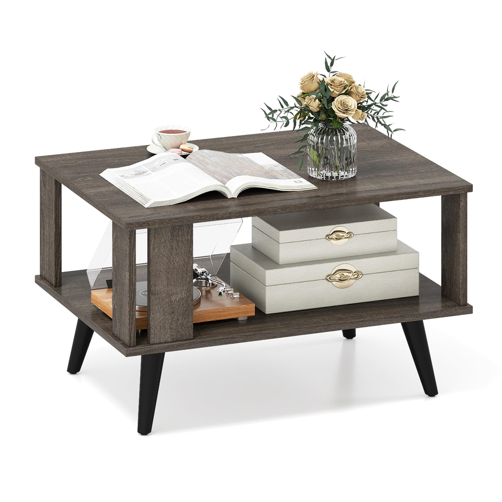 CASART Industrial Coffee Table, 2-Tier Wooden Center Tables with Storage Shelf & Side Protective Baffles, Mid-Century Cocktail Tables Retro Snack Tea Table for Living Room Bedroom Office (Grey Oak)