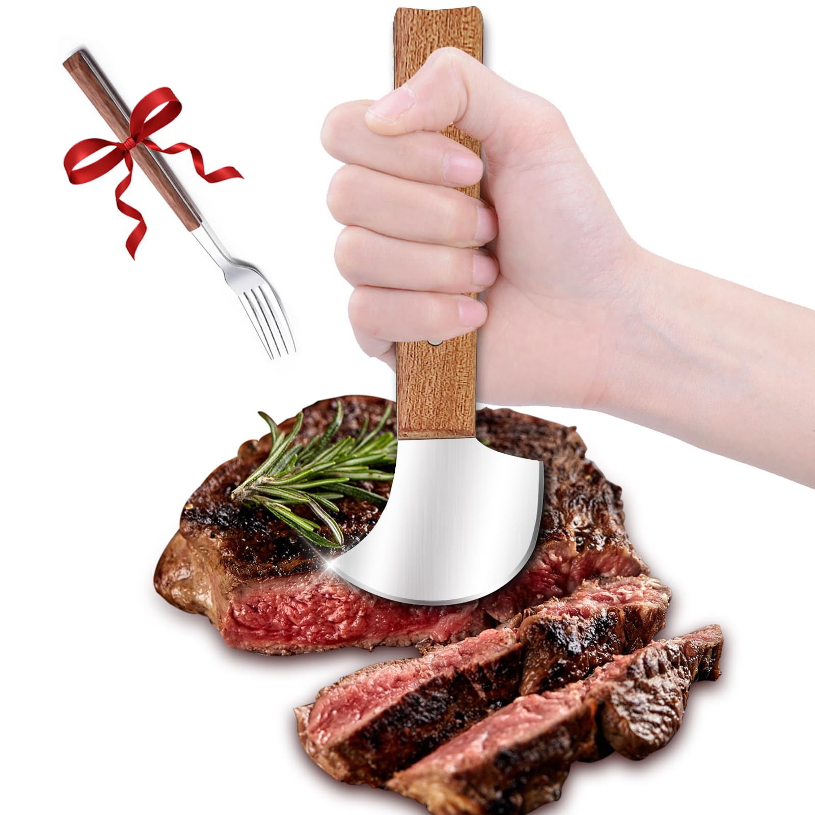 Rocker Knife, Steak Knife for Meat Cutting, Stainless Steel Curved Blade and Fork Set, Wooden Handles for Meat Lovers, Easy Cutting