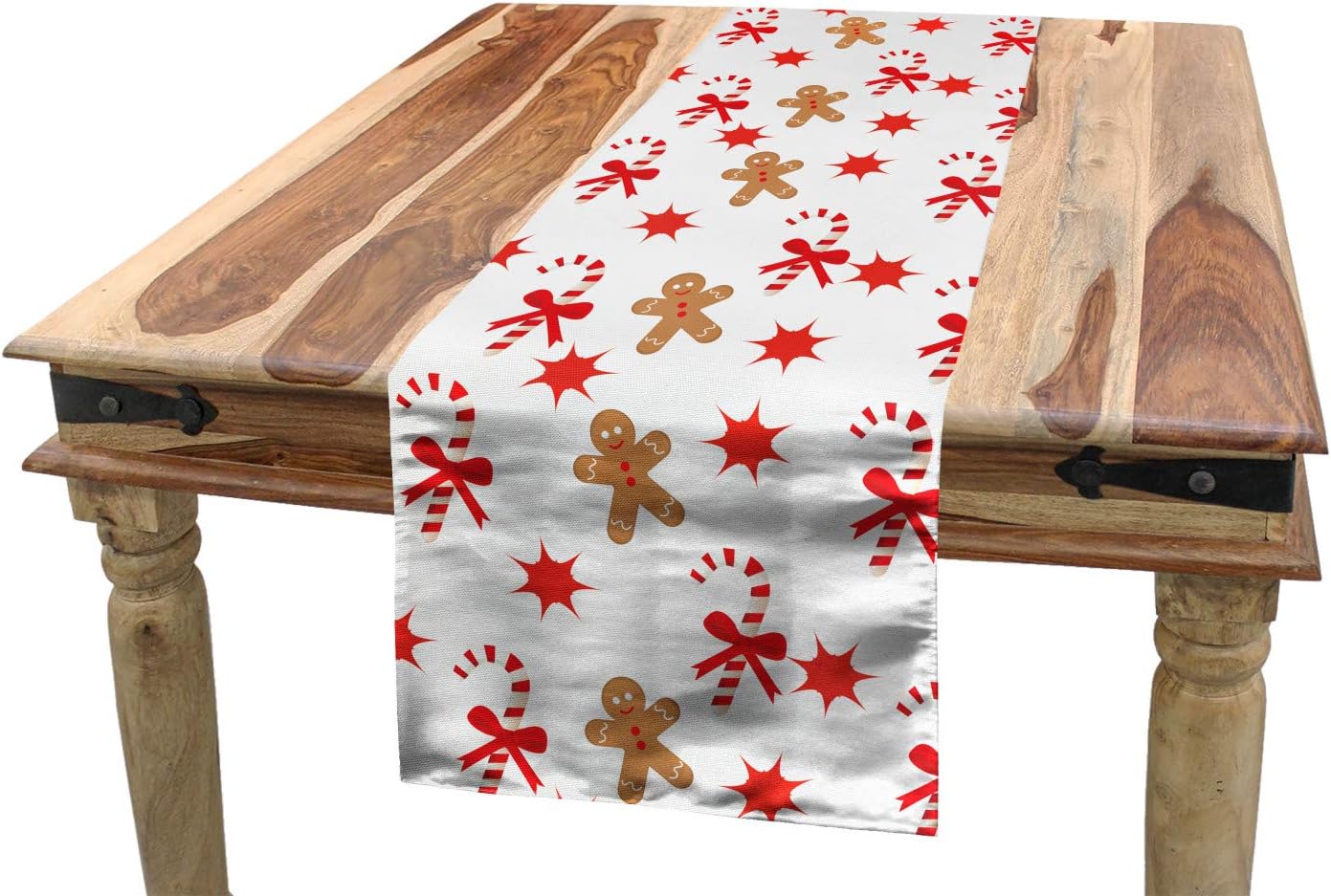 Ambesonne Gingerbread Man Table Runner, Candy Cane Bowties Red Star Christmas Cookie Pattern, Dining Room Kitchen Rectangular Runner, 16" X 90", Brown Orange
