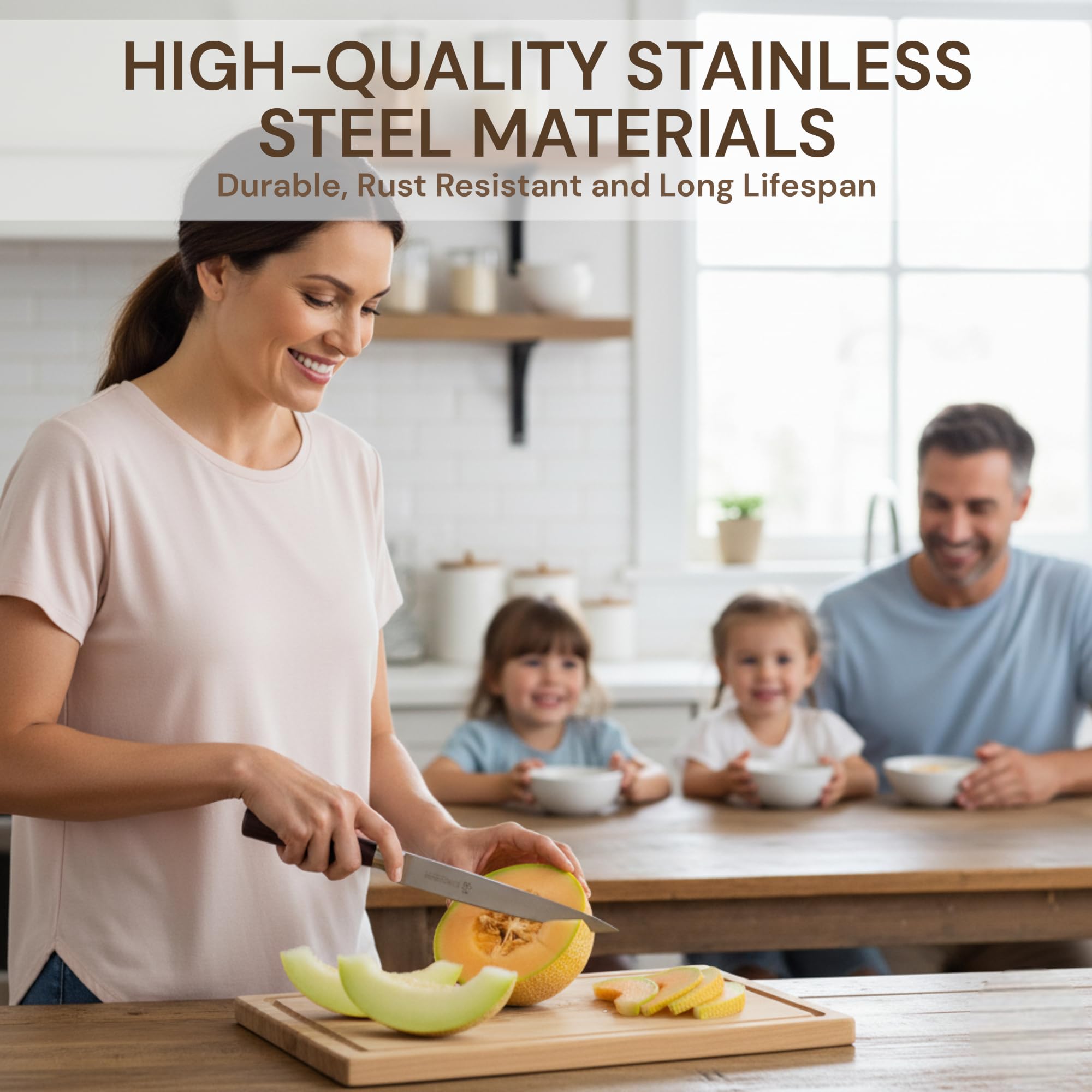 Royal Swiss Juego de 6 cuchillos con bloque de cuchillos y afilador de cuchillos – Cuchillos de cocina de acero inoxidable con mango de madera – Juego de cuchillos de cocina profesional marrón