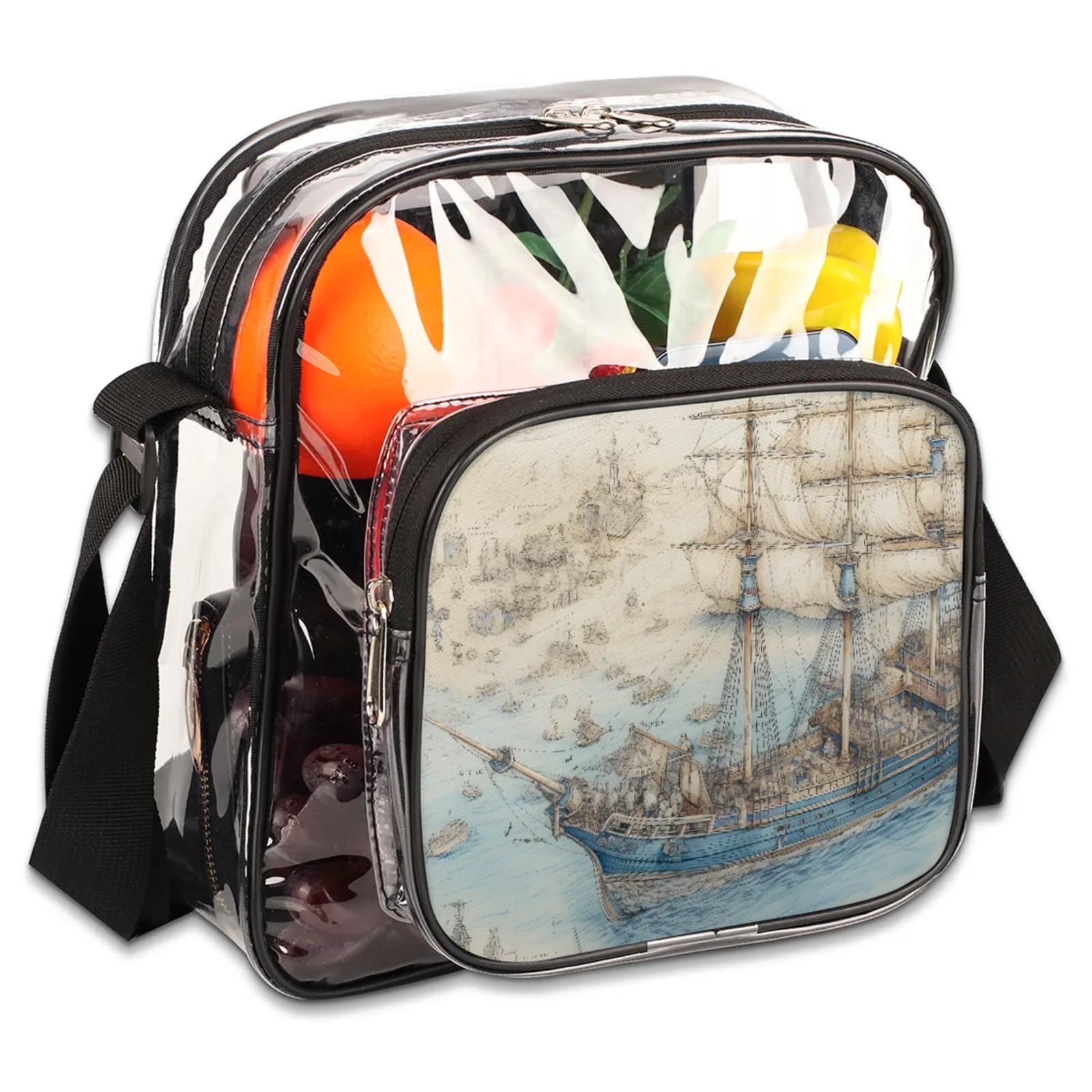 Clear Crossbody Bag Stadium Approved Old Ship Transparent Bag for Festivals, Sports Events, Concerts,Beach Bag for Women Men Ocean Clear Purse with Front Pocket Messenger Bag with Adjustable Strap