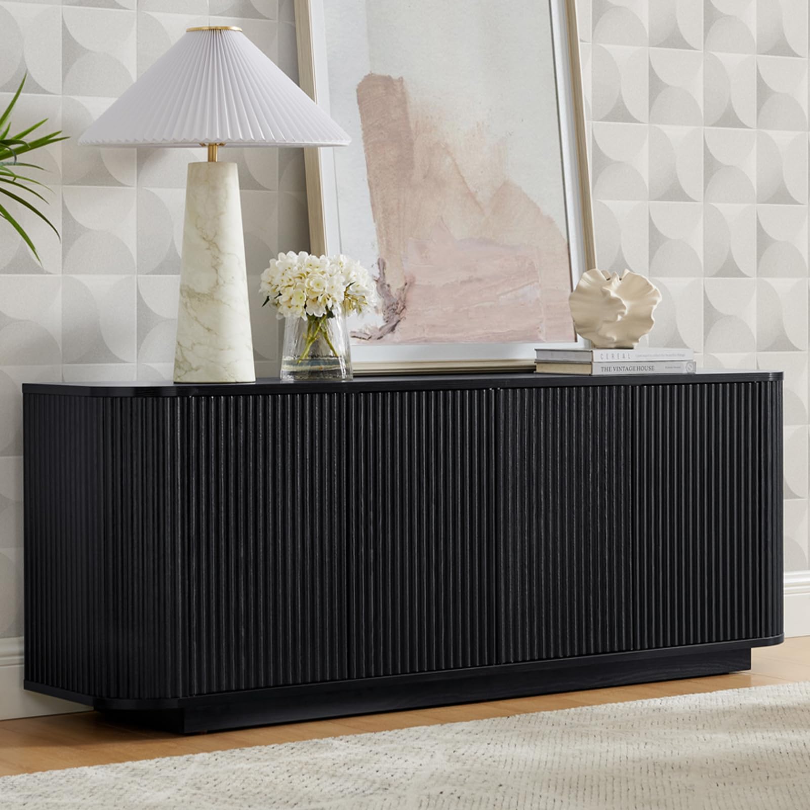 SZTHHDF 64" Buffet Sideboard Cabinet with Storage, Modern Fluted Accent Credenza with Adjustable Shelves, Wood Coffee Bar Console Table for Living