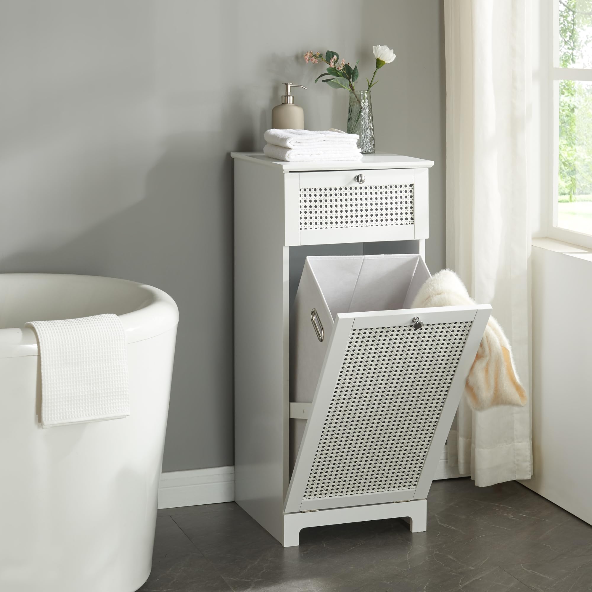 [en.casa] Armario con Cesto Ropa Sucia con Bolsa Extraíble y Cajón para Baño Lavandería Dormitortio Contenedor para la Colada MDF 90x38x40cm - Blanco