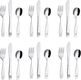 Exzact Children's Cutlery Set 18 Pcs Stainless Steel 18/10 Children's | Giraffe Elephant Lion Design Dishwasher Safe Mirror Polished Smooth Rounded Edges Finish Toddlers Daily Meals