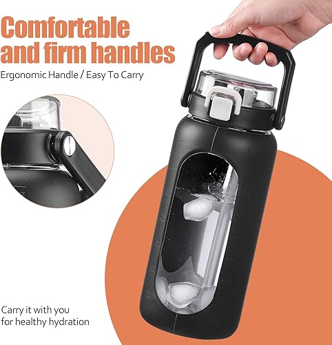 Miniatura 5 de BLUEGO Botella de agua de vidrio de 64 onzas, botella de agua potable con asa y pajilla, botella de agua motivacional de medio galón con funda de