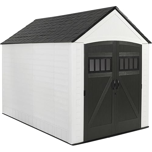 Rubbermaid Resin Outdoor Storage Shed With Floor (7 x 10.5 Ft) Weather Resistant, White, Organization for Home/Backyard/Garden Tools/Lawn Mower/Bike Storage/Pool Supplies