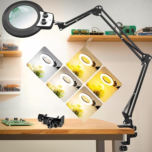 Lupa de aumento 12X con luz, lupa de brazo oscilante ultra largo de 3 secciones con soporte, abrazadera grande, perilla superior para banco de