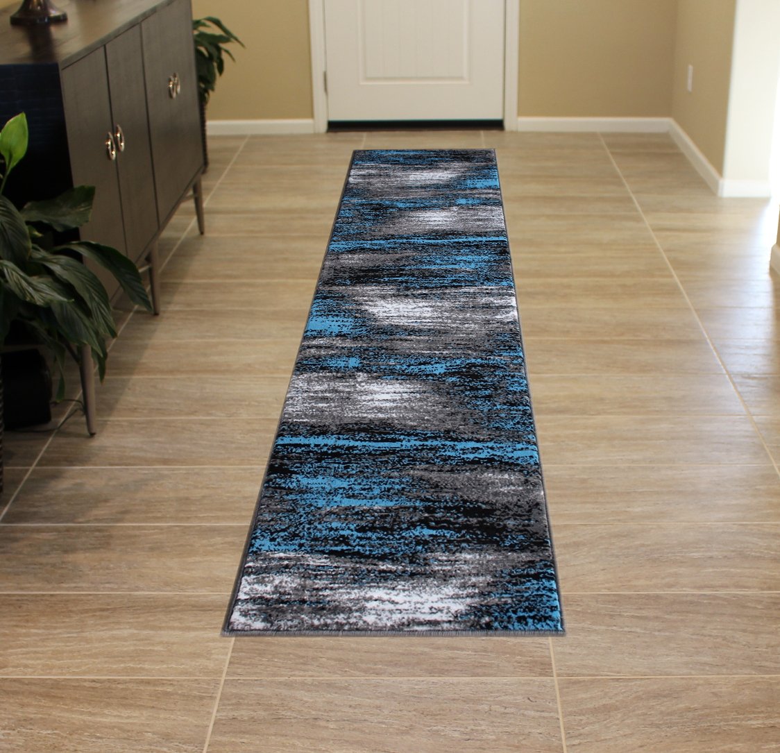 Masada Rugs, Modern Contemporary Runner Area Rug, Blue Grey Black (2 Feet X 7 Feet)