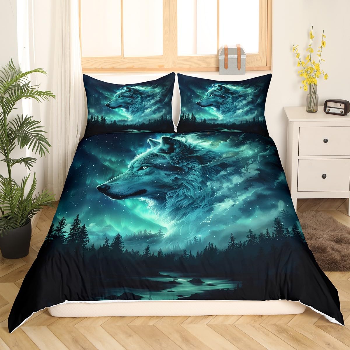 White Wolf Duvet Cover Full Size Wild Animal Wolf Print Bedding Sets 3 Piece, Cool Wildlife Wolf Comforter Cover Blue Green Aurora Print Duvet Insert for Boys Girls Teens Romantic Themed Bedding
