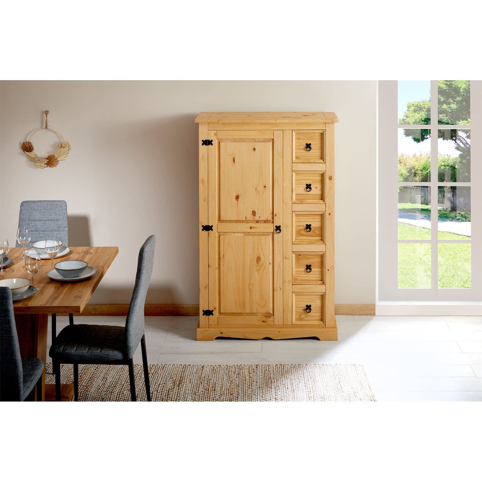 IDIMEX Kommode Tequila 5 Schubladen Natur gebeizt und gewachst. Highboard Kiefernholz massiv 2 verstellbare Einlegeböden Esszimmermöbel Zierbeschläge schwarz. Schubladenschrank Wohnzimmer Küche