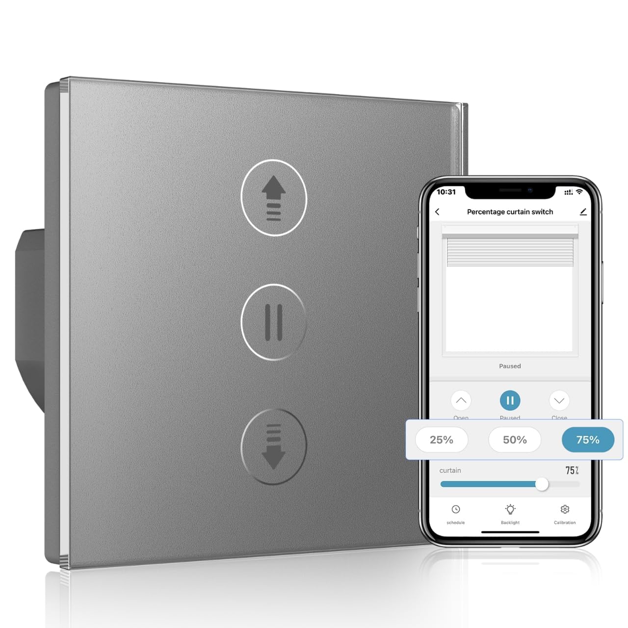 Interruptor Persiana Wifi Porcentual 80 * 80mm, Interruptor de Persiana Inteligente Control por Voz Compatible con Alexa/Google Home/Smart Life, Requiere Cable Neutro, Gris