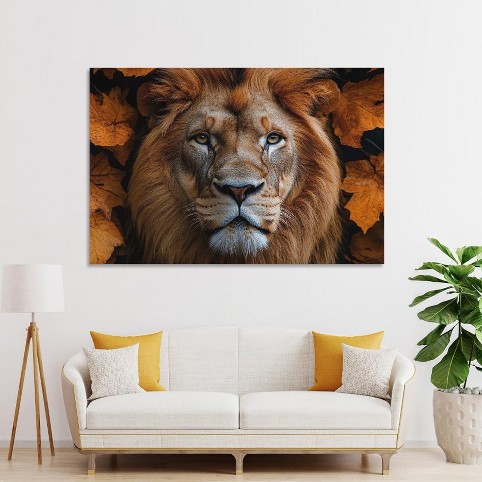 Junmoney Majestic Lion Portrait with Autumn Leaves Decorative Canvas Print, 24x36inch(60x90cm), for Gallery Wall Decor And Room Displays, Wall Decor Suited to Curated Displays
