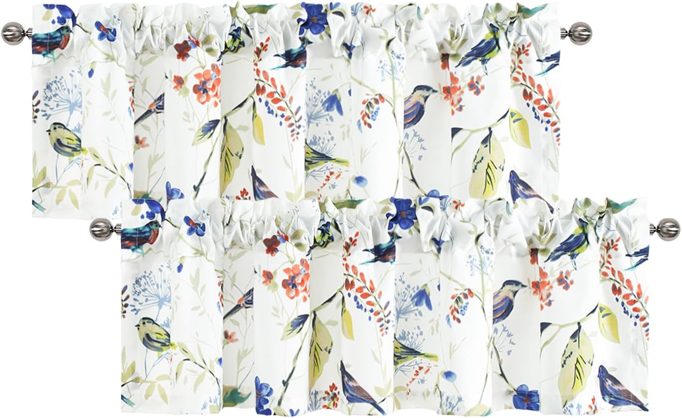 Leeva Blue Small Window Curtains, Cute Birds Printing Kitchen Valances for Windows, Rod Pocket Top Durable Faux Linen Decorative Valances for Bedroom Living Room, 52 x 12