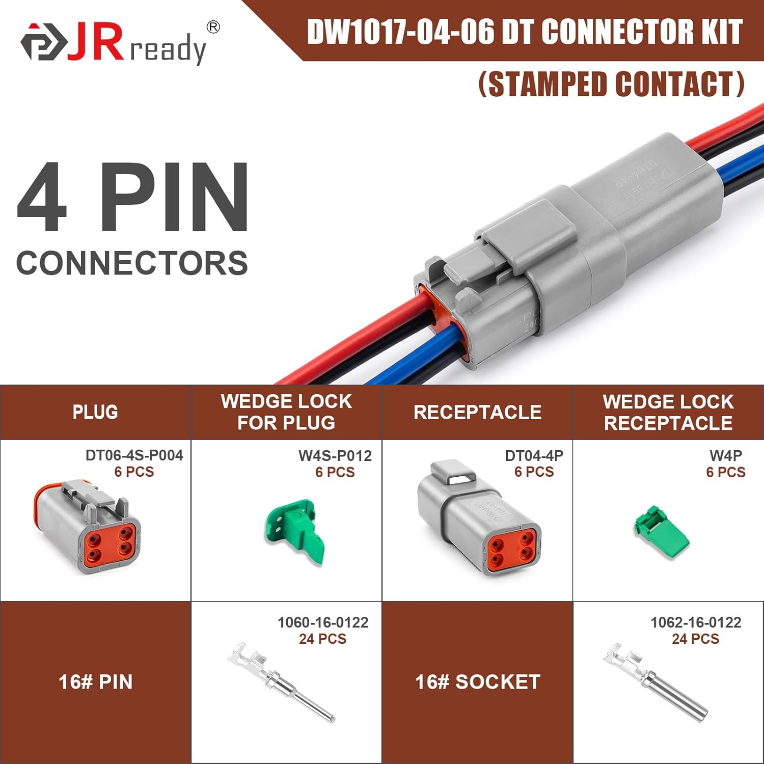 JRready DW1017 4 Pin Deutsch DT Connector Kit, IP68 Waterproof Electrical Automative DT Connectors Kit with 24Pairs Size 16 Stamped Contacts 16-18 AWG, for Car Truck Boat, 6 Sets